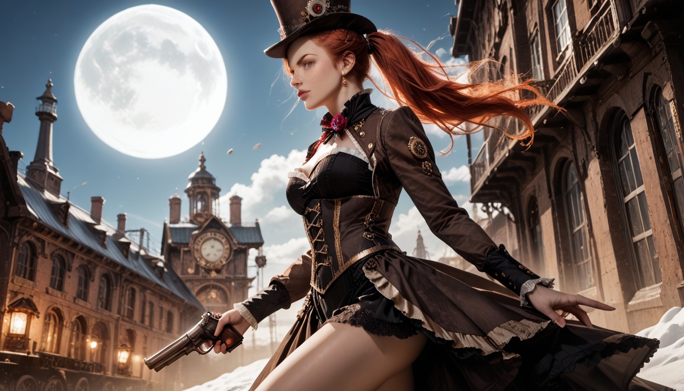 Wind In Hair, Steampunk, Red Hair AI Porn