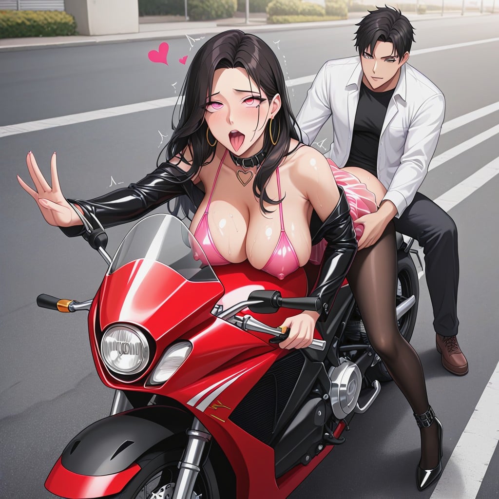 Both Sitting On A Motorcycle, Hourglass Figure, Delicate Woman Hentai IA