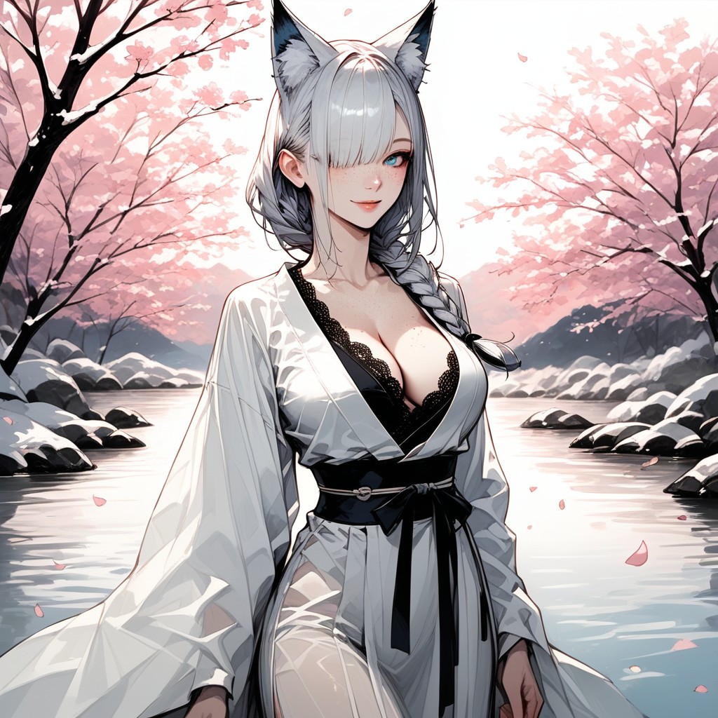 Silver Hair, Cleavage, High Detailed Image Hentai AI Porn