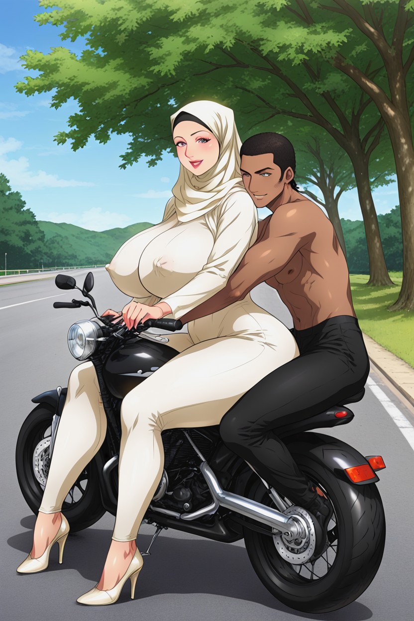Hard Erect Nipples, Man Wearing Only Black Colour Trousers, Naked Boobs Pressed Against Man Backside Hentai IA