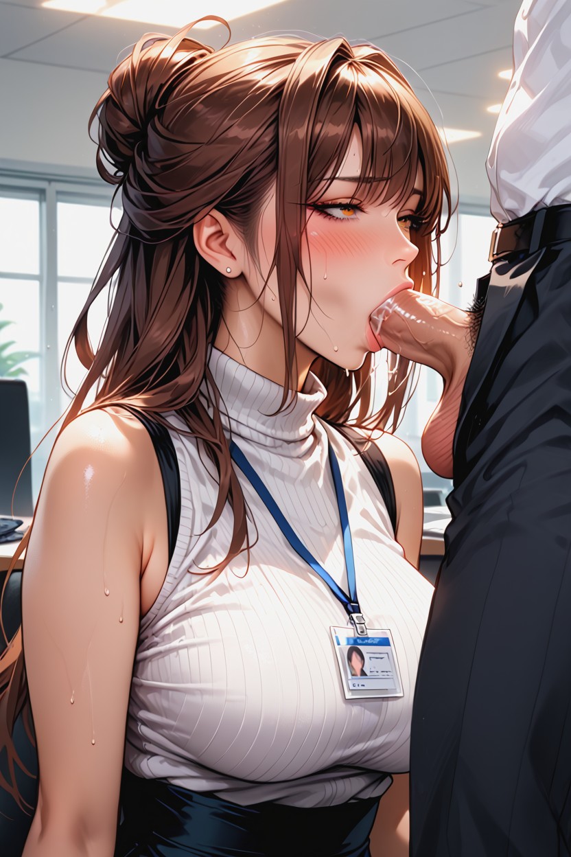 Blowjob, Blushing, Shes Leaning Back On The Man Behind Her Hentai IA