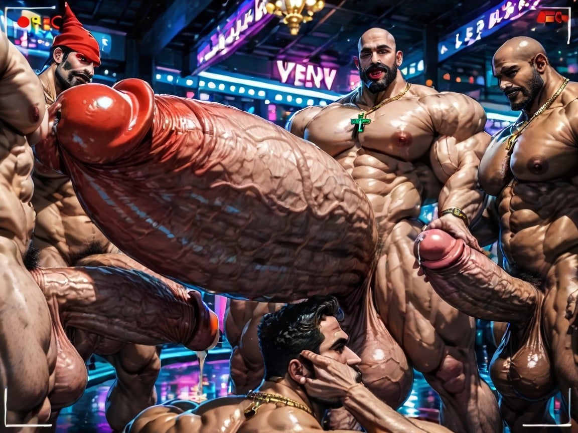 Rough Hyper Huge Cocks Everywhere On Him, Oiled Skin, Top Down AI Gay Porn
