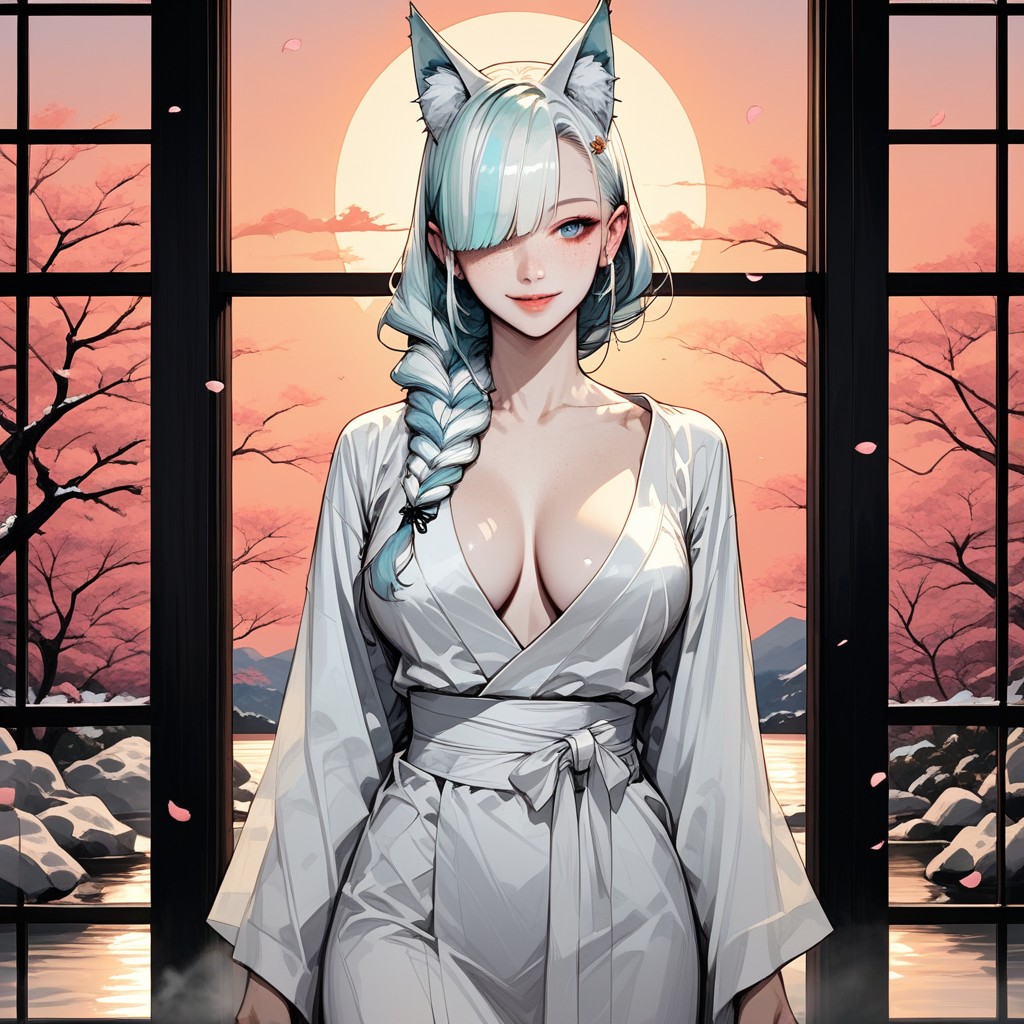 Kitsune, Long Braid On Shoulder, Extremely Beautiful Hentai AI Porn
