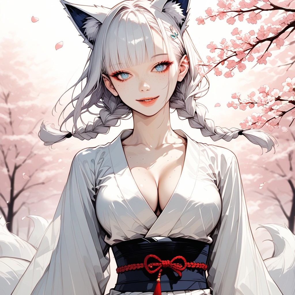 Cherry Trees, Wide Angle, Deep Navy Sash Embraced Her Waist Hentai AI Porn