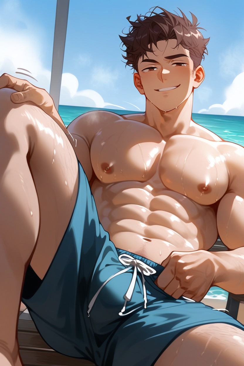 Front View, Beach, Smug Face AI Gay Porn