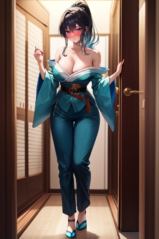 One Woman, Blushing, High Ponytail AI Porn