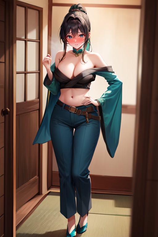 Light Blue Belt, Strapless Top, Oppened Mouth AI Porn