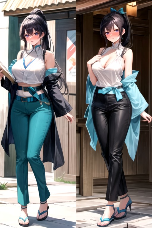 Ponytail, Ponytail, Trousers Of That Same Colour And Shade As Top And Sleeves AI Porn