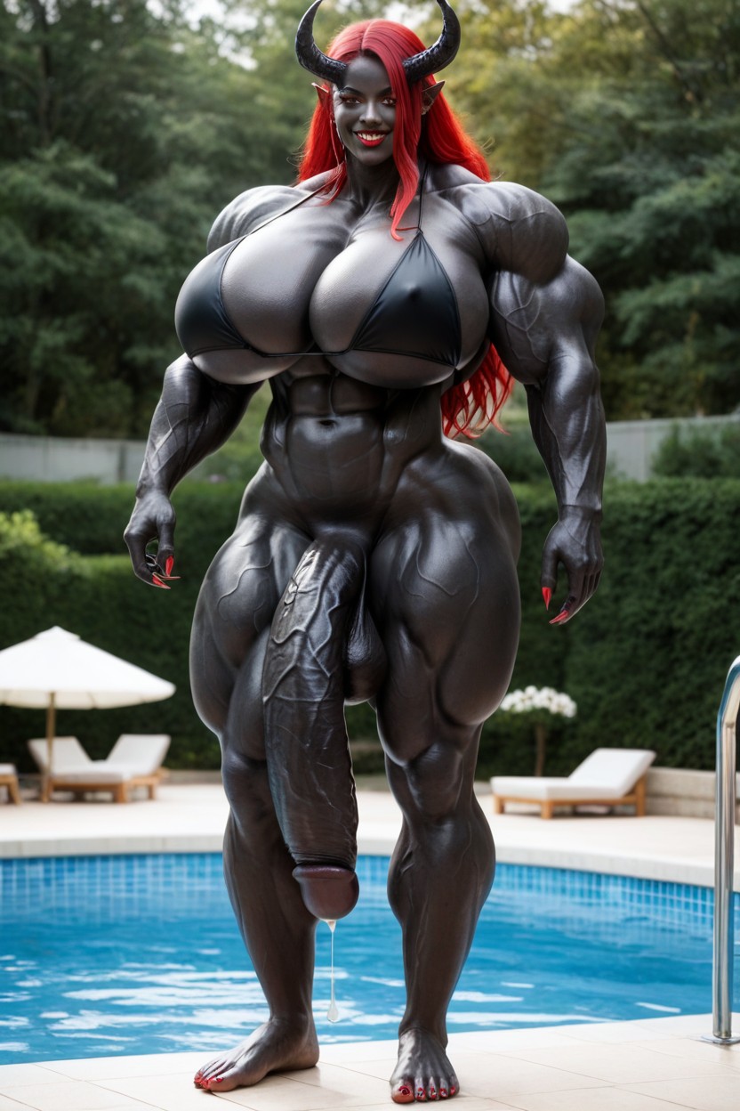Big Oni Horns, Thick Thighs, Futanari Penis Dripping Pre Cum Shemale AI Porn