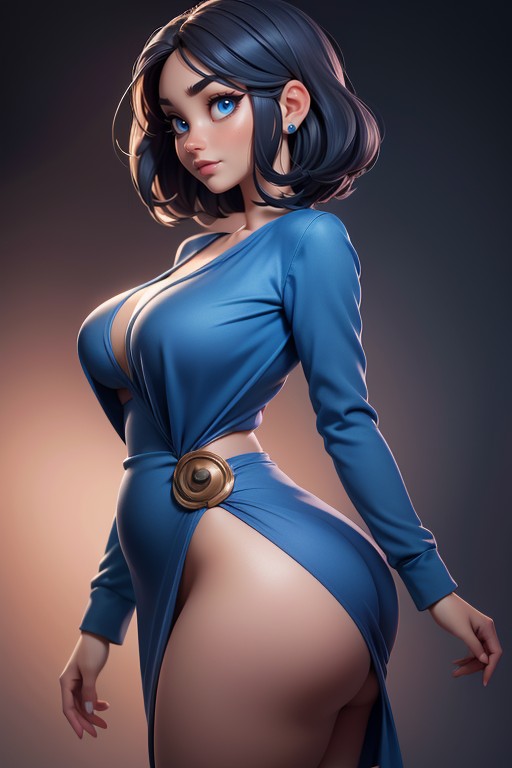 Silk Dress With Long Sleeves And Blue In Color, Perfect Body, Blue Silk Dress Above The Thighs Hentai AI Porn