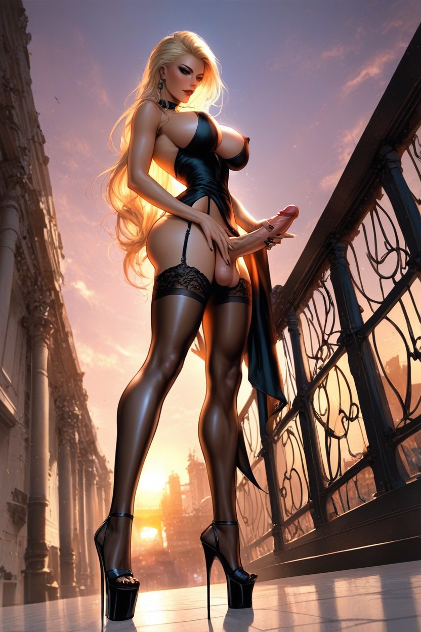 Blonde Bouffant Hair, Tan Silk Stockings, Pale Skin 쉬메일 AI 포르노