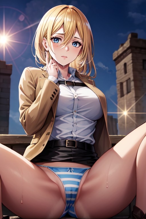 Embarrassed, She Is Twenty Five, Blue-striped White Panty Hentai AI Porn