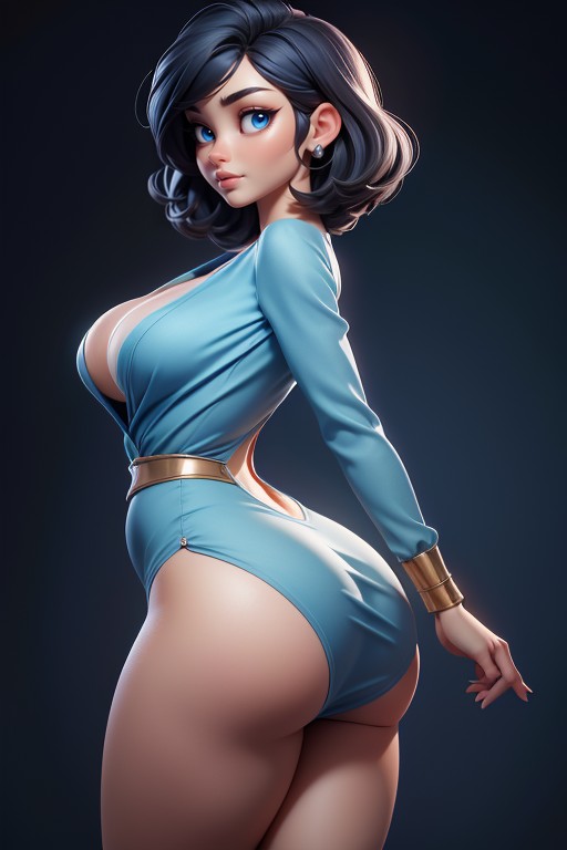Ass Cheeks Visible, Large Breasts, One Piece Blue Silk Dress With Long Sleeves And Exposed Thighs Hentai AI Porn