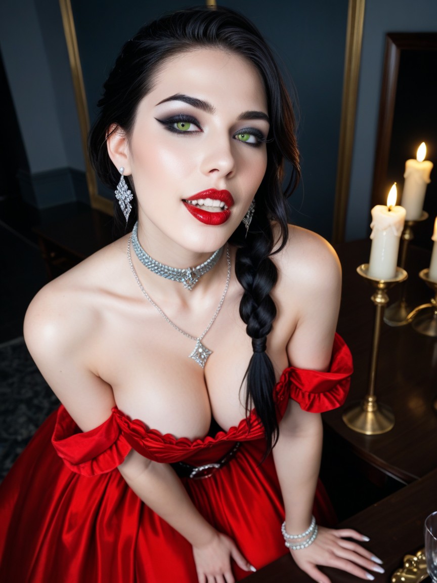 Vampire Fangs, Off From Breasts Dress, Hourglass Figure AI Porn
