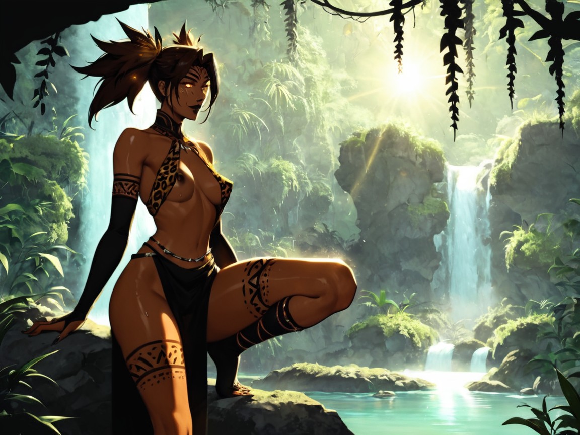 Wide Round Hips, Woman Perched On Boulder With One Knee Up, Black Tribal Face Paint Porno IA Latina