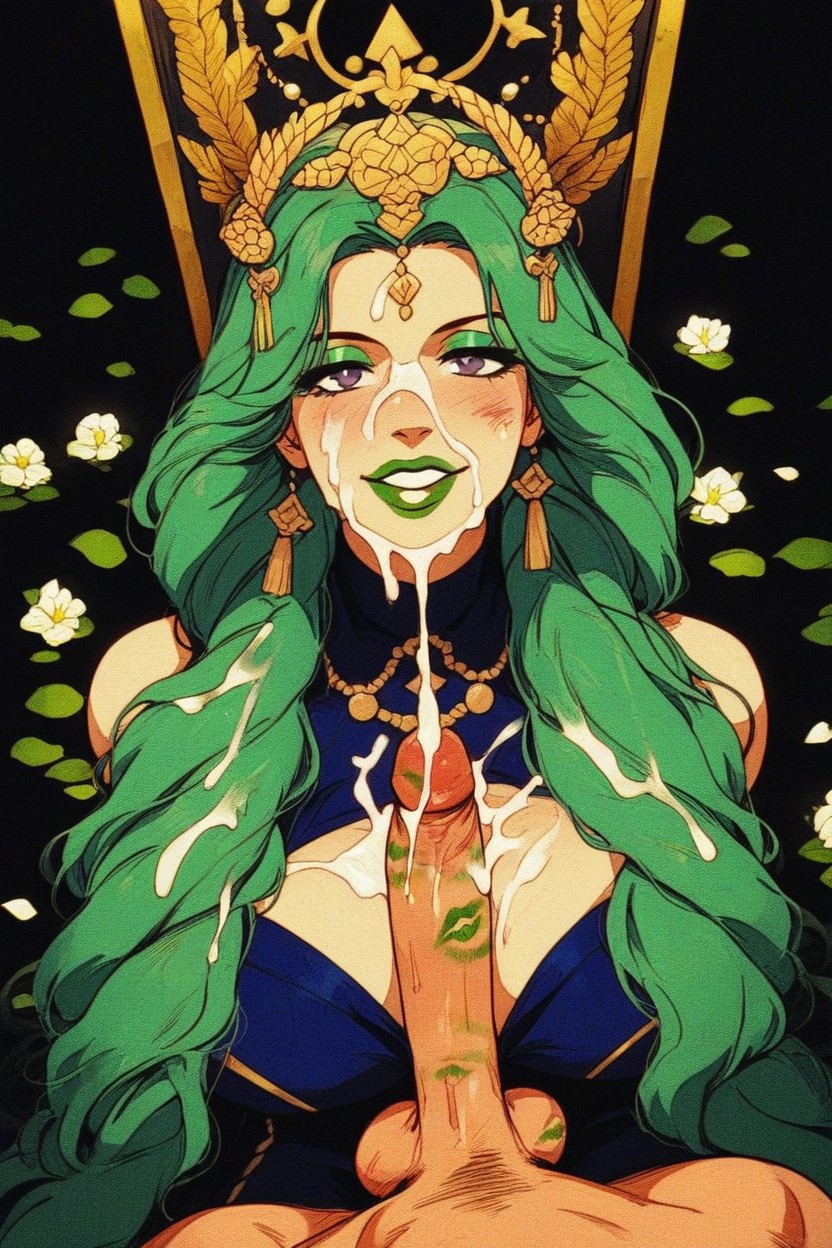 Golden Headpiece With Golden Hearts And White Flowers, Pitch Black Room With Green Lighting, Wearing Violet Blue Dress With Golden Decor AI Porn
