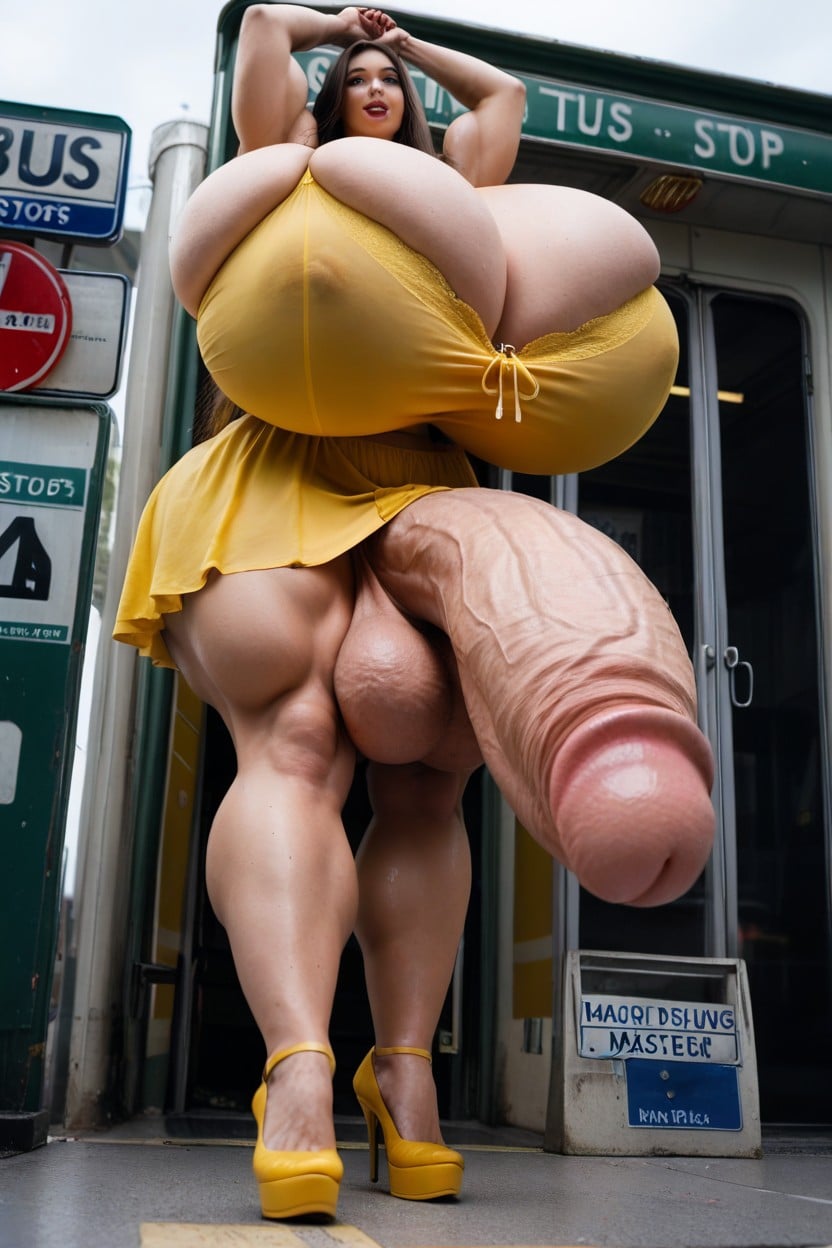 Yellow Tight Skirt, Hard Cock, Breast Expansion Shemale AI Porn