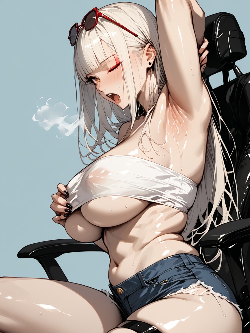 Woman Raising One Knee, Fat, Woman Tucking The One Side Of Her Hair Behind Her Ear Hentai AI Porn