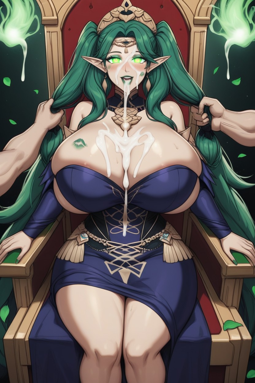 Extremely Large Ass, Elf Ears, Guy Pushing Her Head Down AI Porn