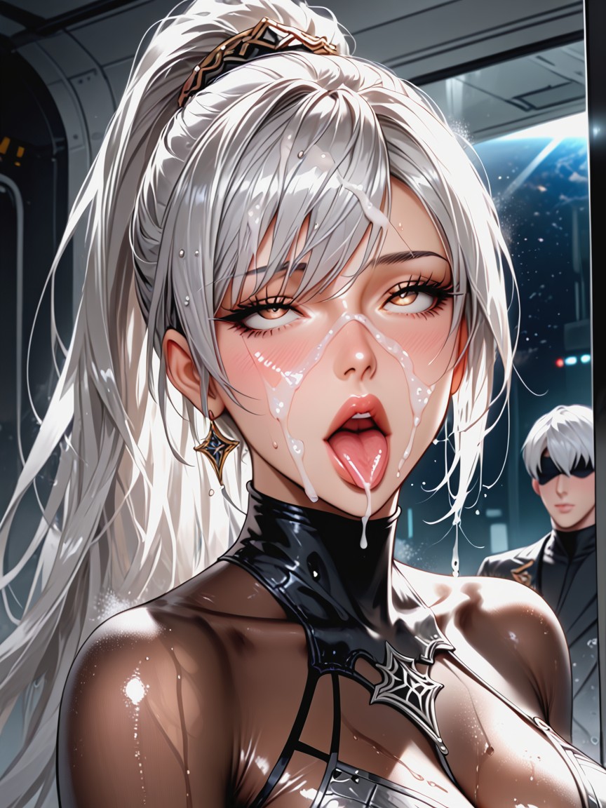 Transparent Nude Bodystocking With Luxurious Metallic Trimming, Best Detailed Hair, Luxurious Silver Metallic Cuff Hentai AI Porn