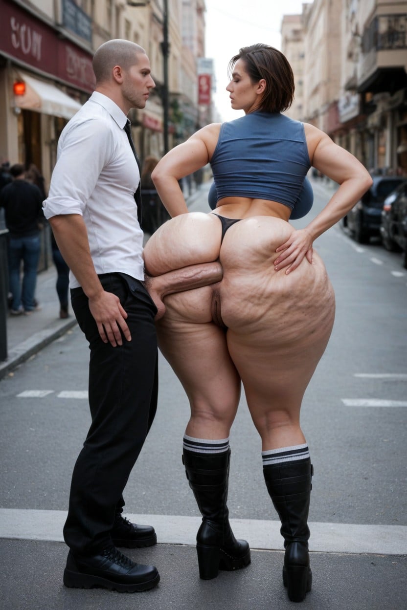 Giant Saggy Breasts, Knees Together Feet Apart, Rear Sided View AI Porn