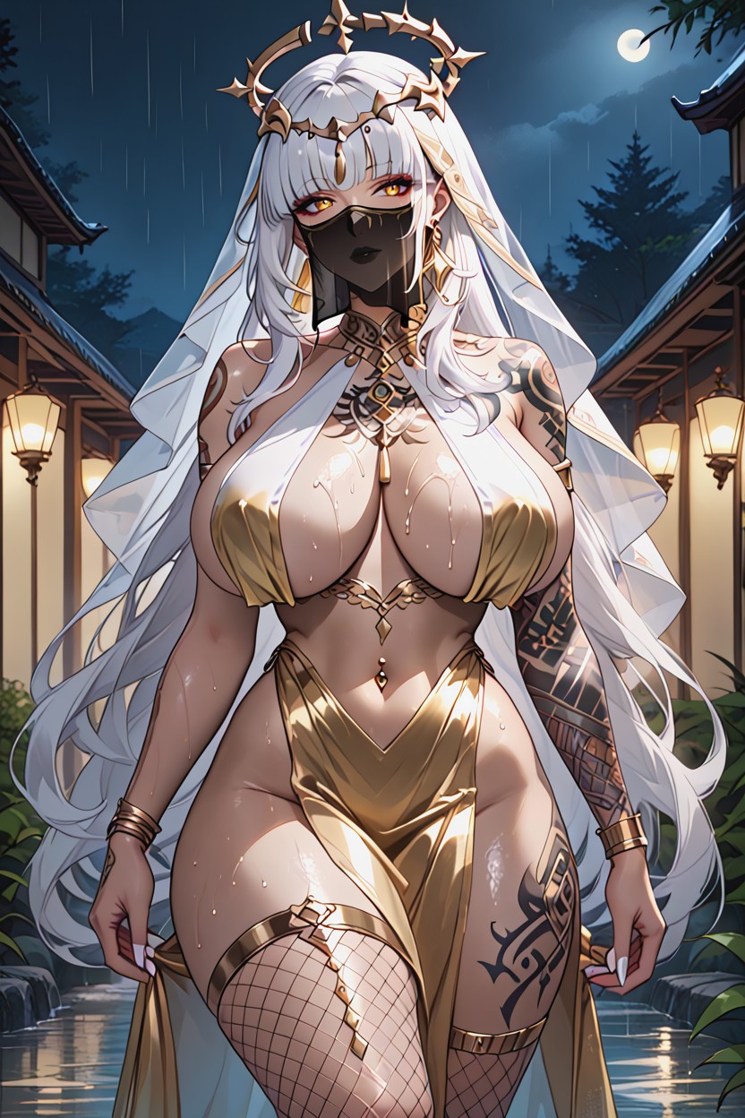 Excessive Tattoos, White Hair, Gold Fishnet Armwear Hentai AI Porn