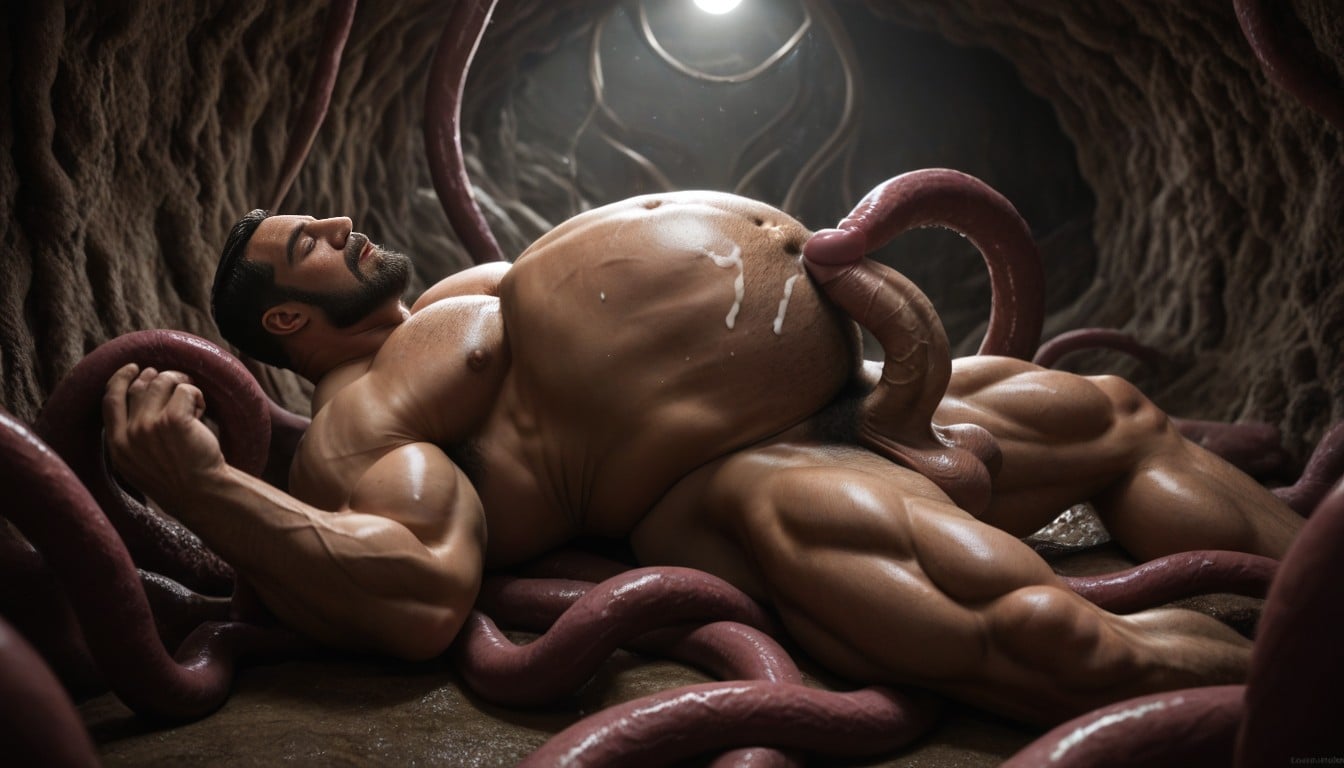 Big Muscular Arms, Covered In Mucus, Inside Gigantic Translucent Tentacle Holding Huge Bulbed Eggs AI Gay Porn