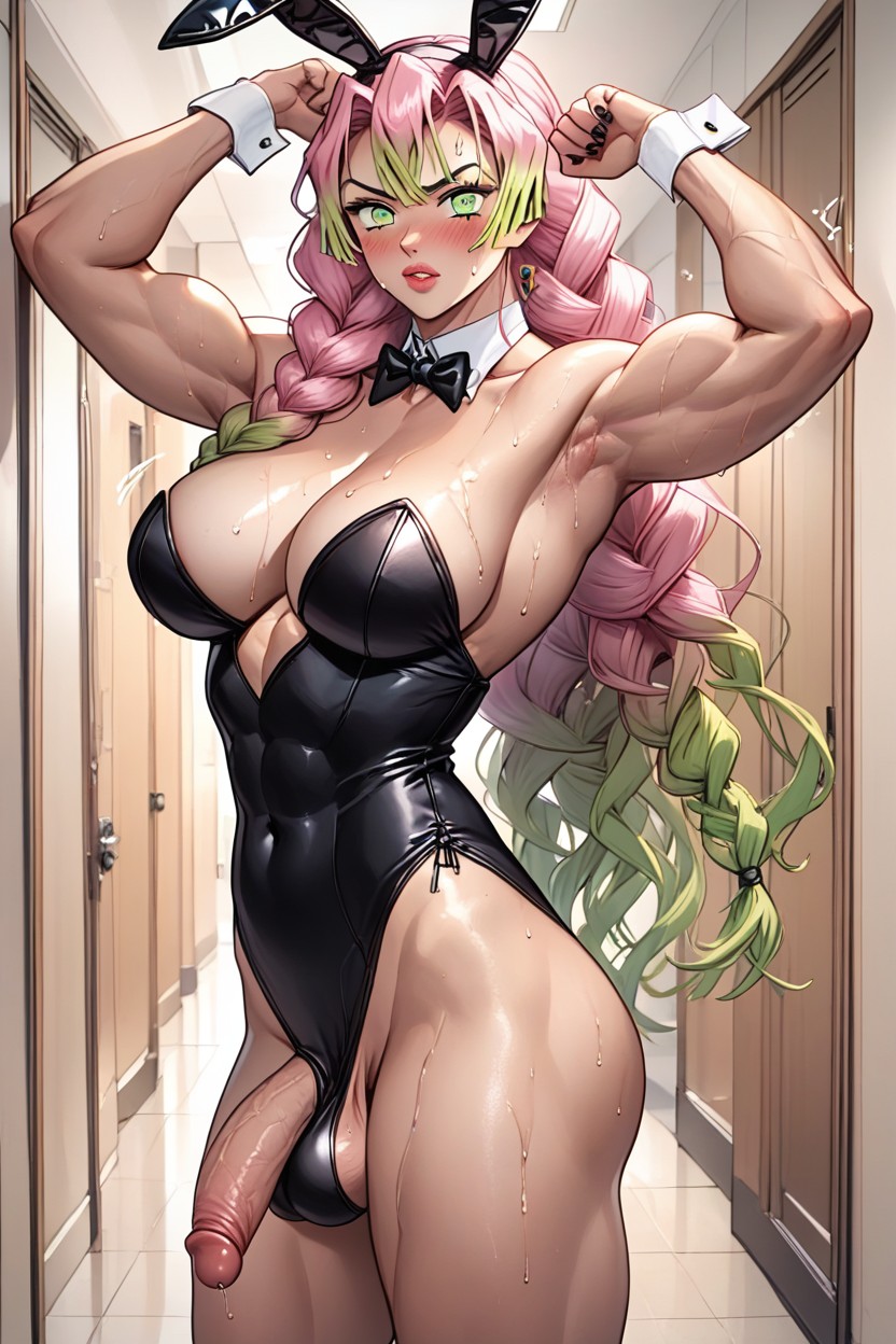 Brazilian, Mitsuri Has Braided Pink Hair With Green At The Tips, Plump Lips Shemale AI Porn