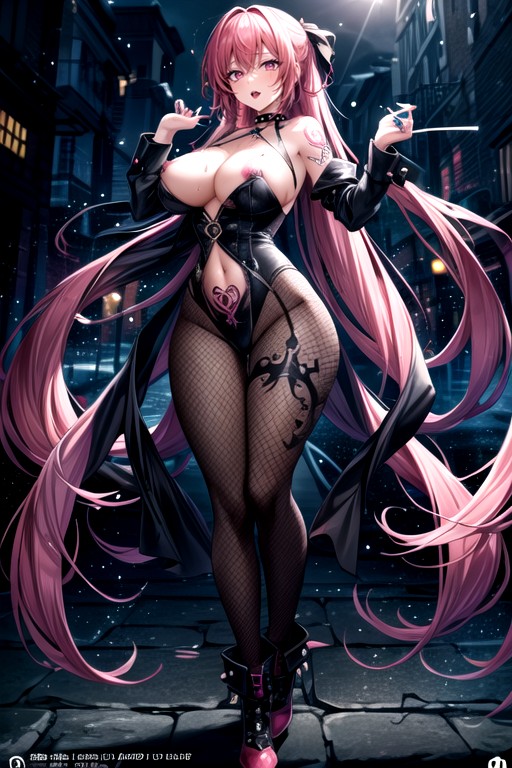 Chubby And Curvy Vampire Goth Woman, Lip Piercing, Red Hair Hentai AI Porn