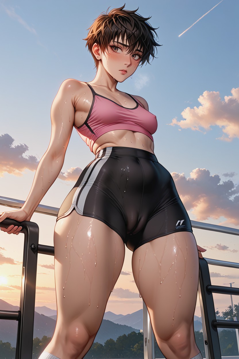 Wearing Pink Camisole, Gentle Features, Sweaty AI Porn
