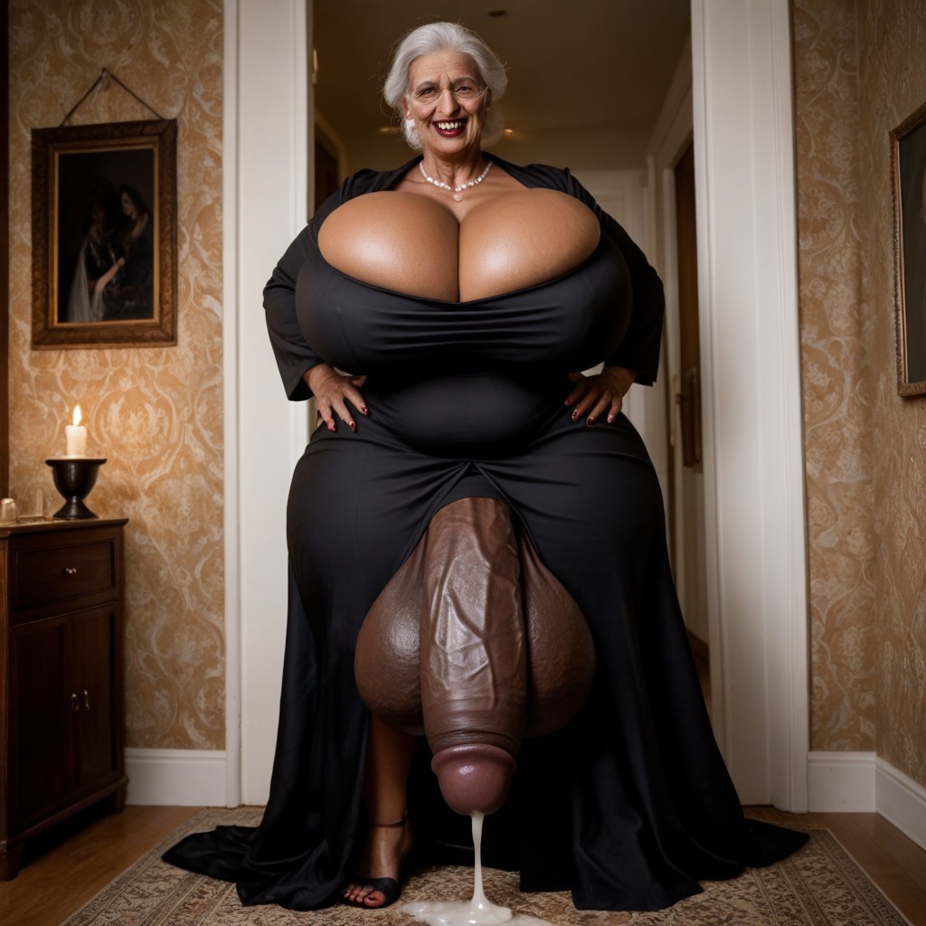 Midnight Black Skin, Cleavage, Leaking Cum Shemale AI Porn