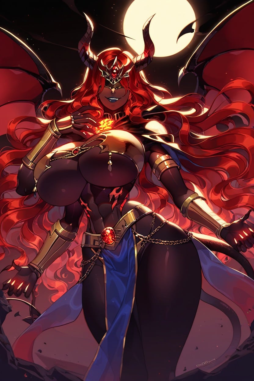 Hourglass Figure, Aura Horns, Neon Red Hair Ebony KI Porno