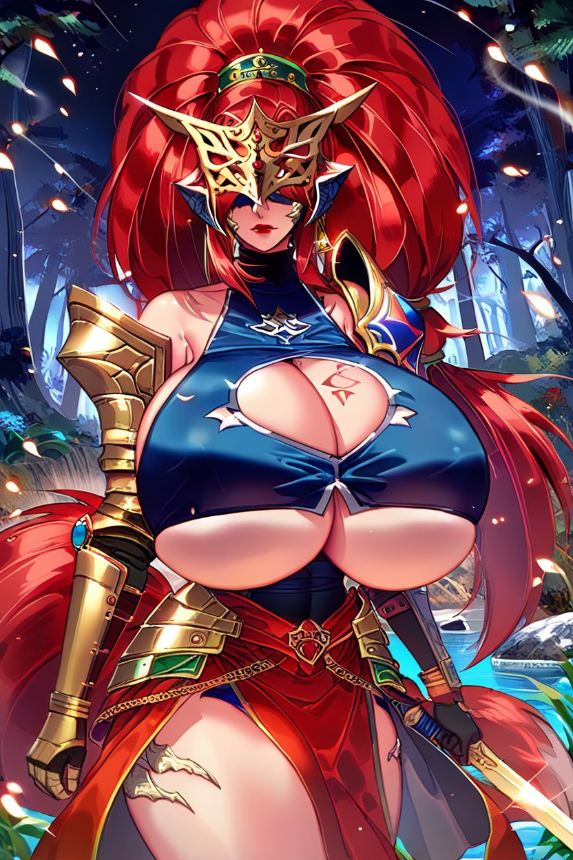 Gold Au'ra Horns, Armor, Holding Huge Massive Sword Hentai AI Porn