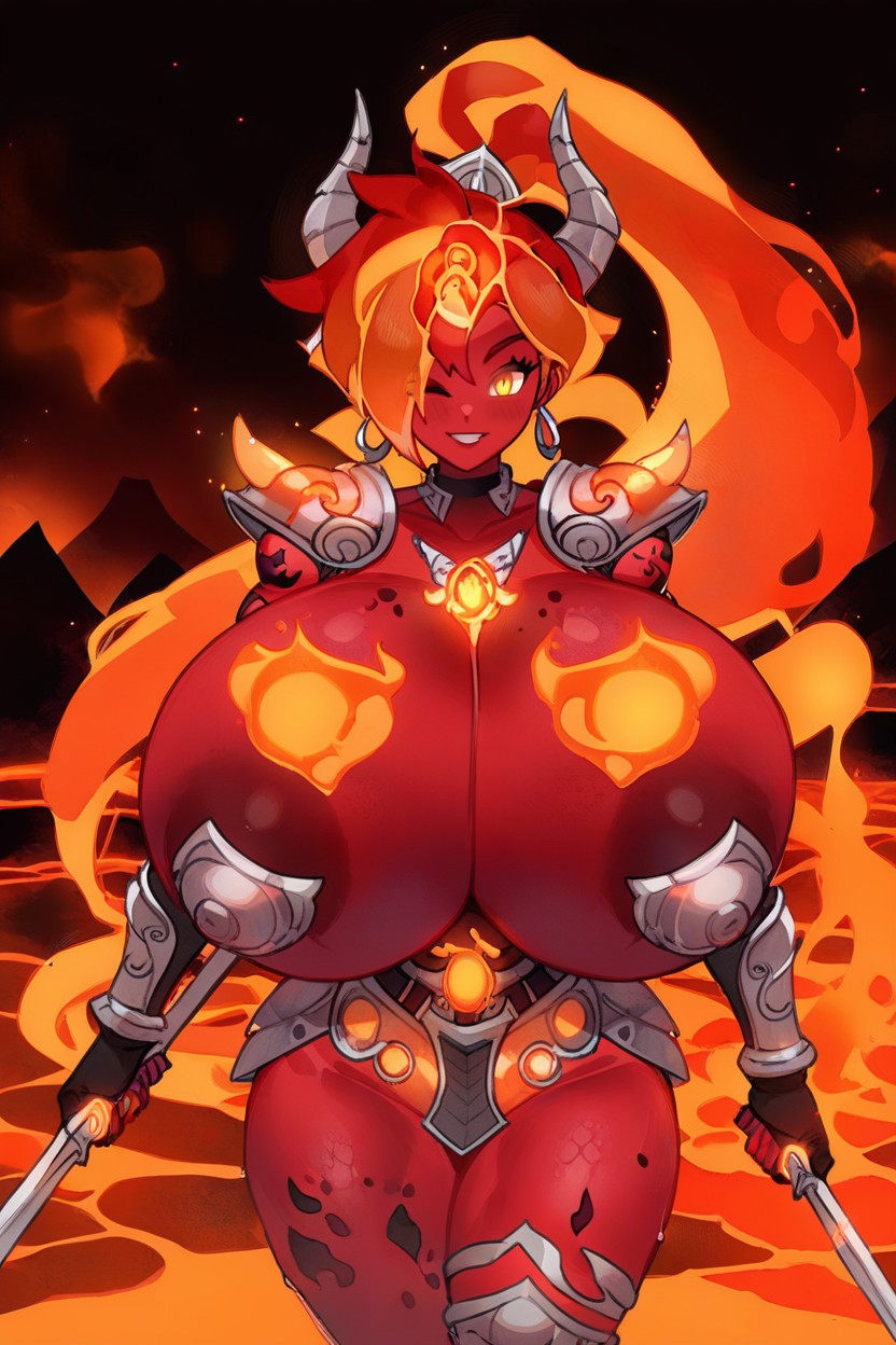 Flame Armor Made Of Fiery Lava On Hips, Fiery Tattoos On Chest, Skin Made Of Fire Latina AI Porn