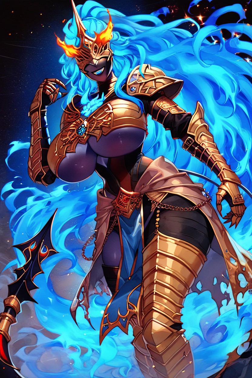 Black Mask With Blue Fiery Design Over Eyes, Motto Haramase Honoo No Oppai Isekai Chou Ero Succubus Gakuen, Nightmare Fuel AI Porn