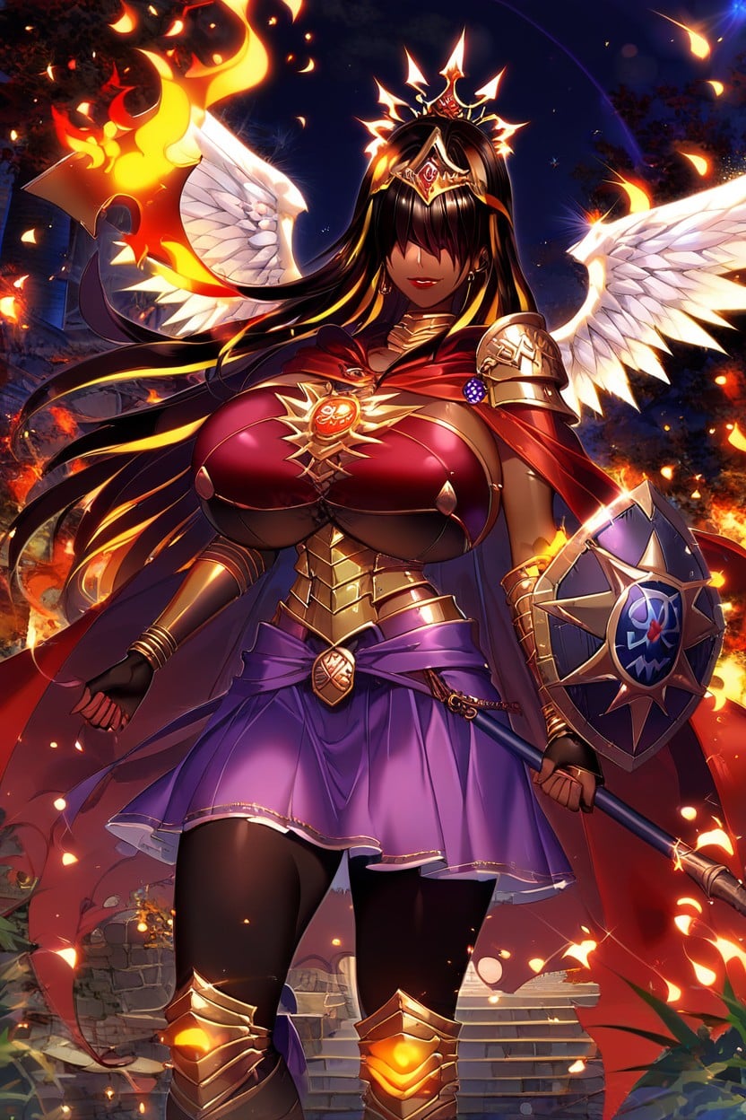 Cropped Black Fur Red Cape, Gold Bracelets, Succubus Head Wings Ebony AI Porn