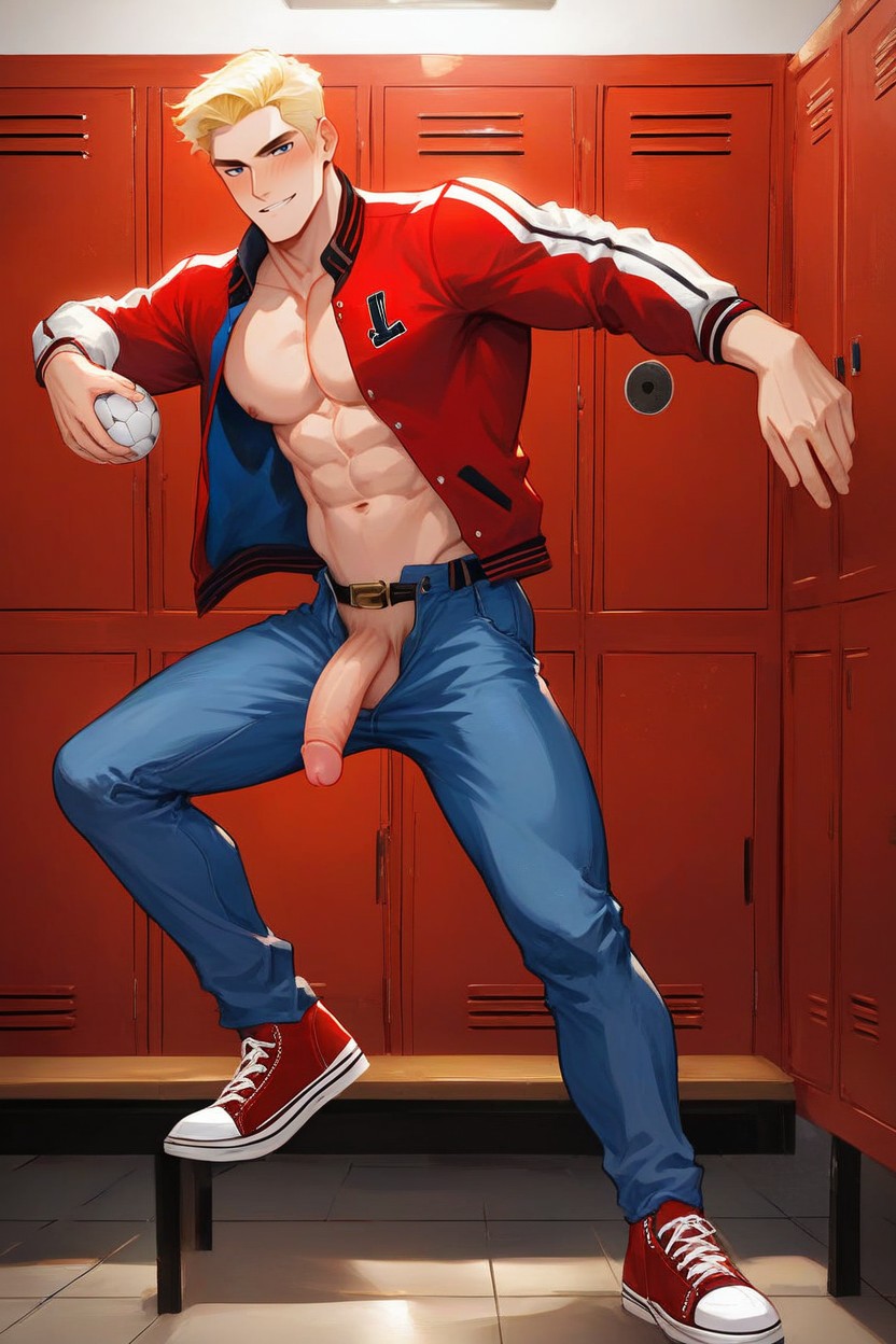 Medium Sized Penis, Wearing Red Varsity Jacket, Fit AI Gay Porn