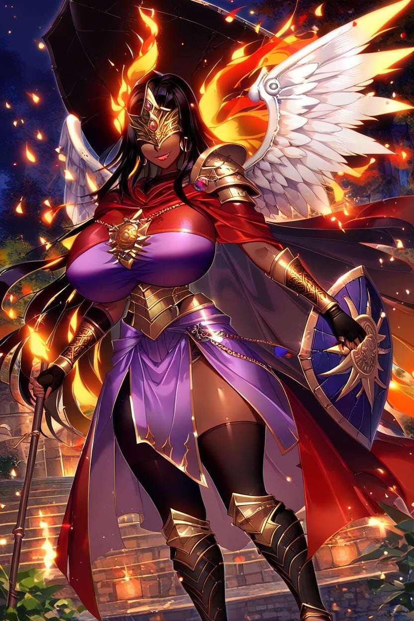 Holding Huge Shield In Left Hand, Gold Tiara With Purple Opal On Head, Black Hair With Gold Highlights Ebony KI Porno