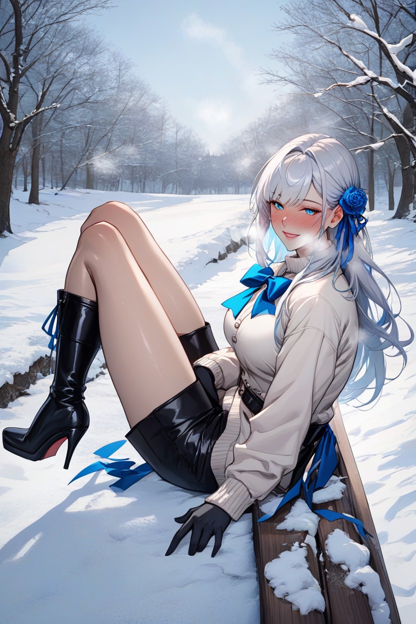 White Cardigan Emphasizing Breasts, Beautiful Features, Neat Bangs Hentai AI Porn