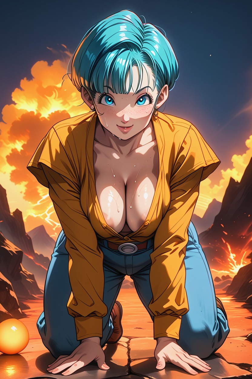 Dynamic Pose, Freckles, Exposed Navel Hentai AI Porn
