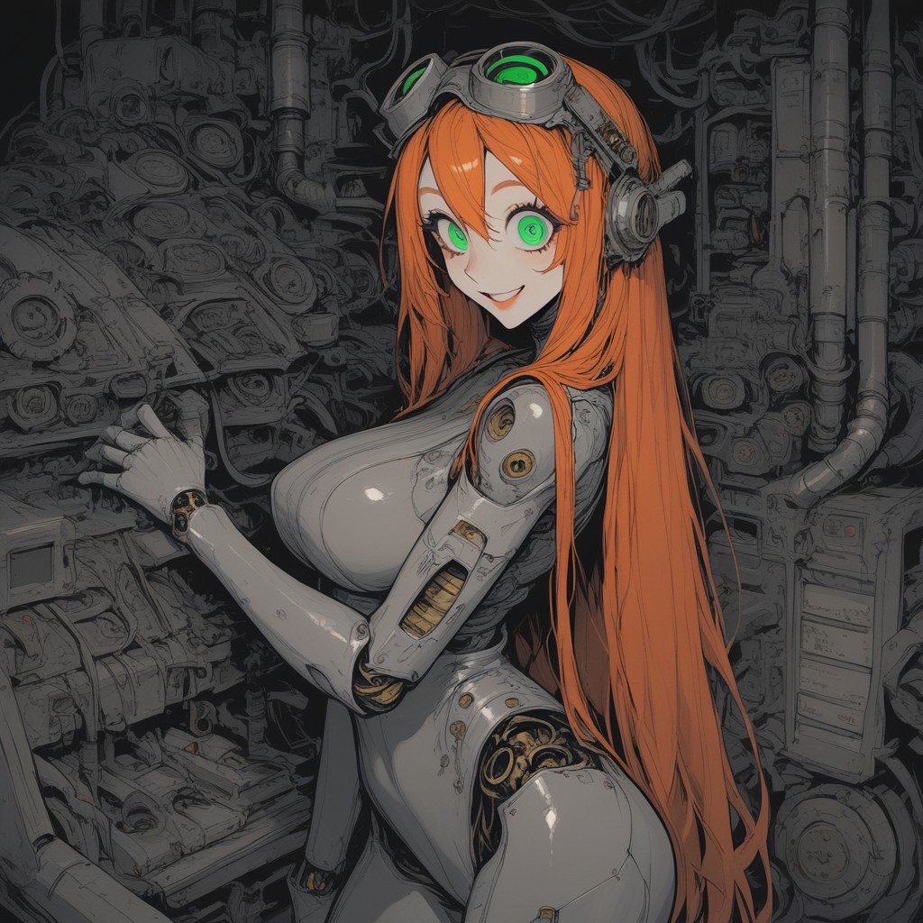 Break Robot Joint Dollgirl, Very Excited Break Smile, Ginger Very Long Hair Hentai AI Porn