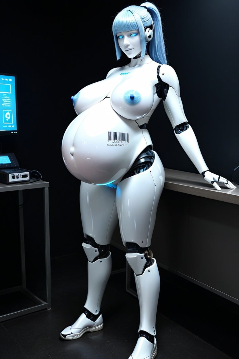 Light Blue Hair, Pale Skin, Lewdua Style Robot Woman Cyborg Very Pregnantswelling Belly AI Porn