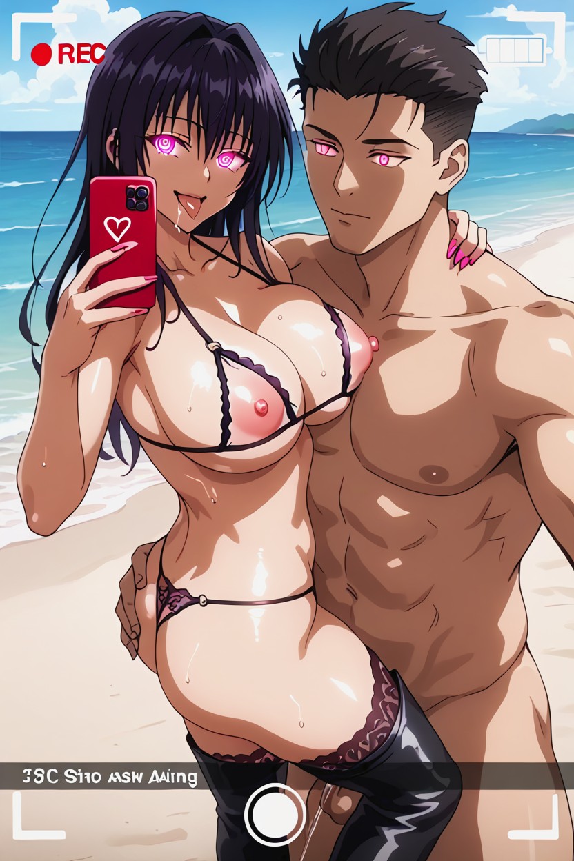 Gyaru, Saliva Trail, Tight Black G String Bikini Hentai AI Porn