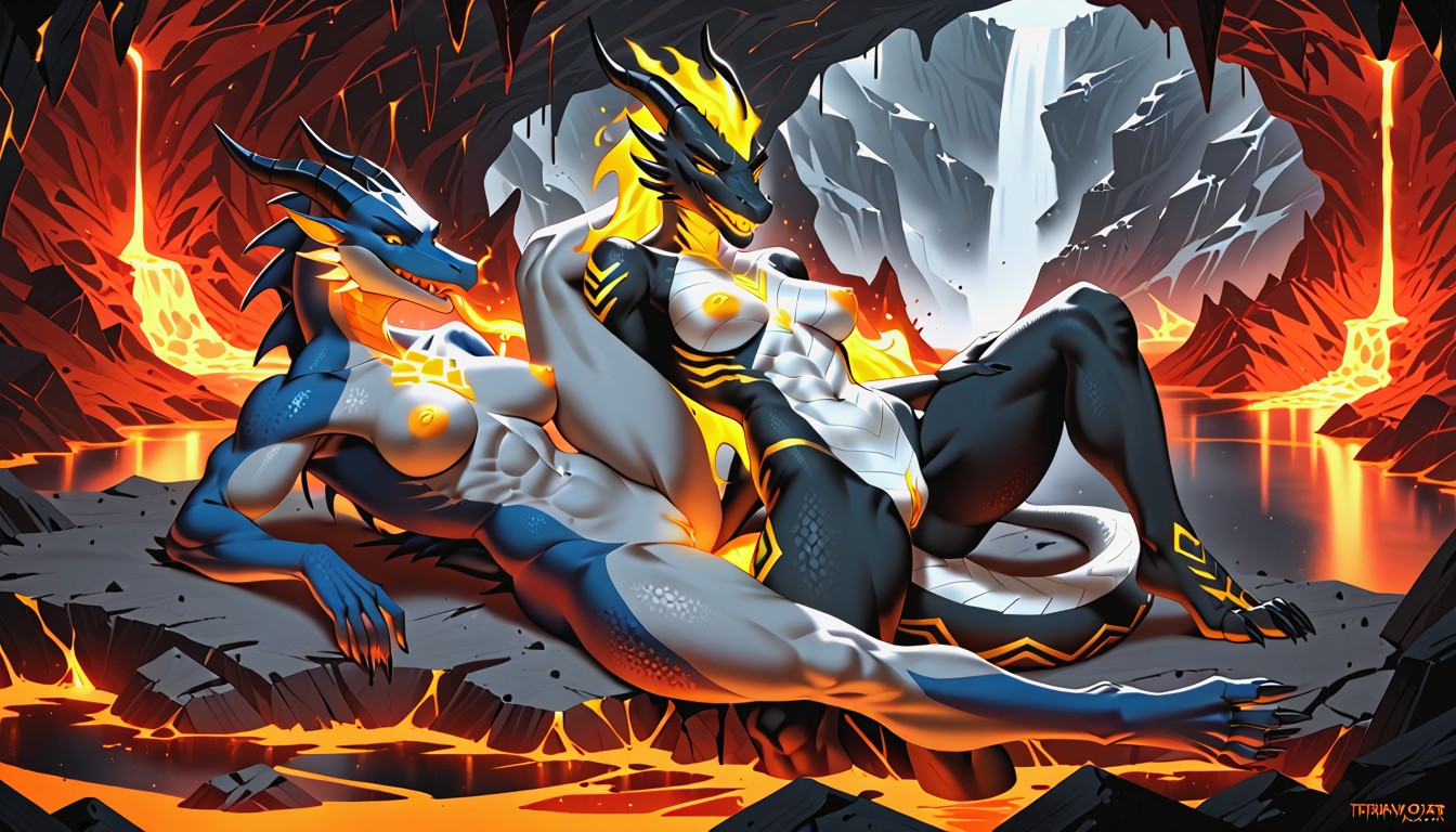 Lying In The Lava, Glowing Yellow Eyes, Glowing Golden Yellow Nipples Furry AI Porn