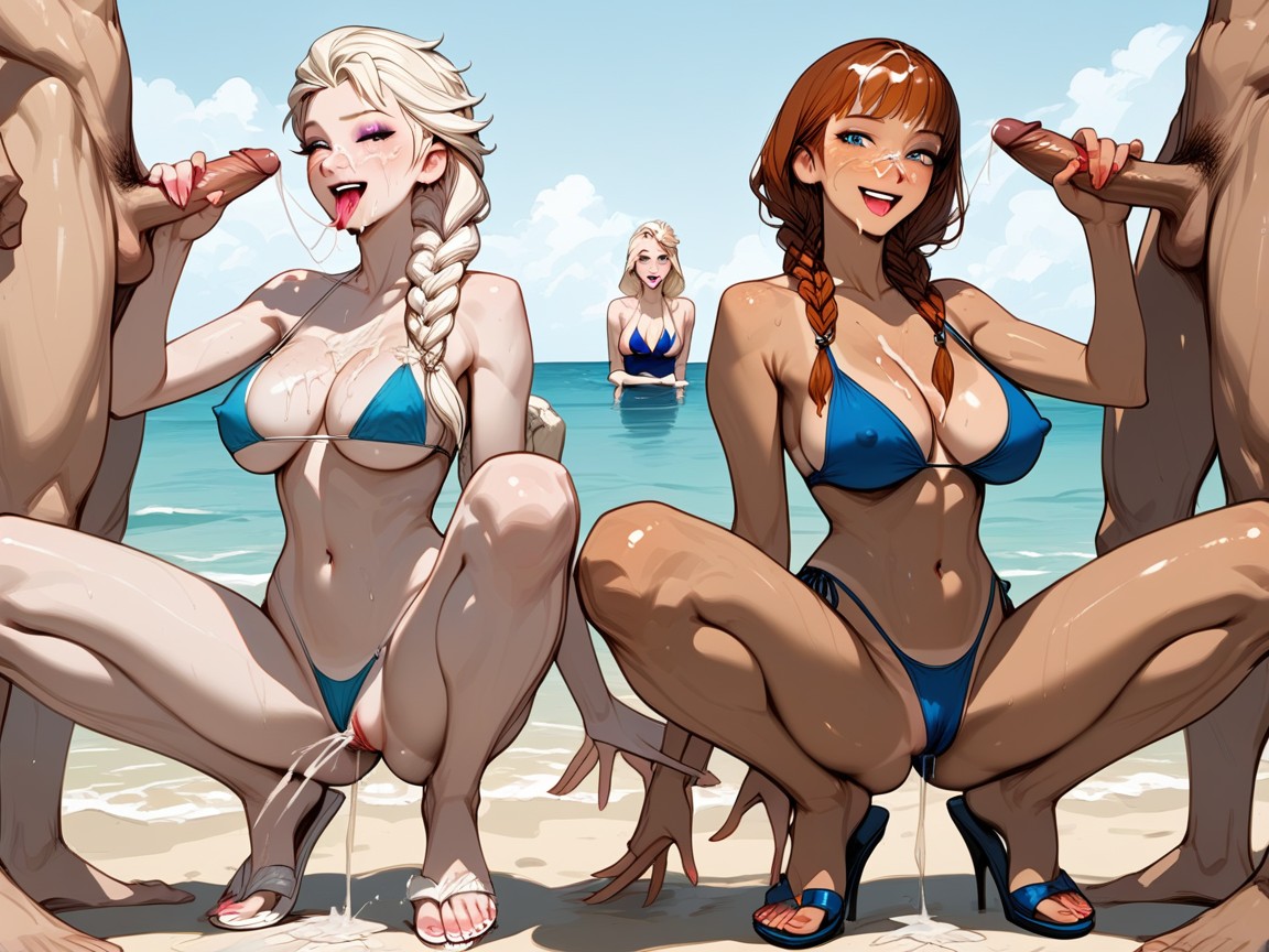 Anna And Elsa From Frozen, Anna Has Deep Tan Lines And Freckles, Elsa Has A Long White Braided Hair Hentai AI Porn