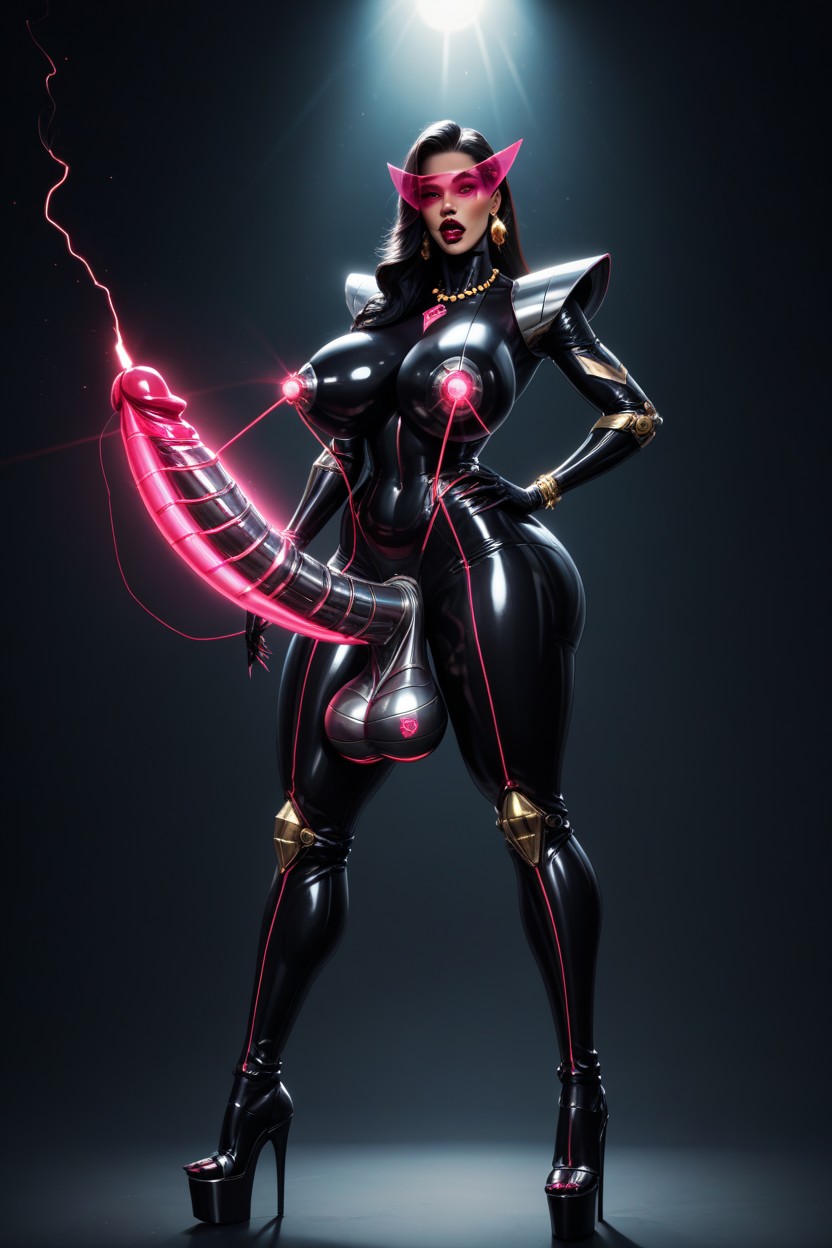 Extended Eyelashes, Metallic Robot Penis Attached With Metallic Pointy Tip, Diamond Earrings Shemale AI Porn
