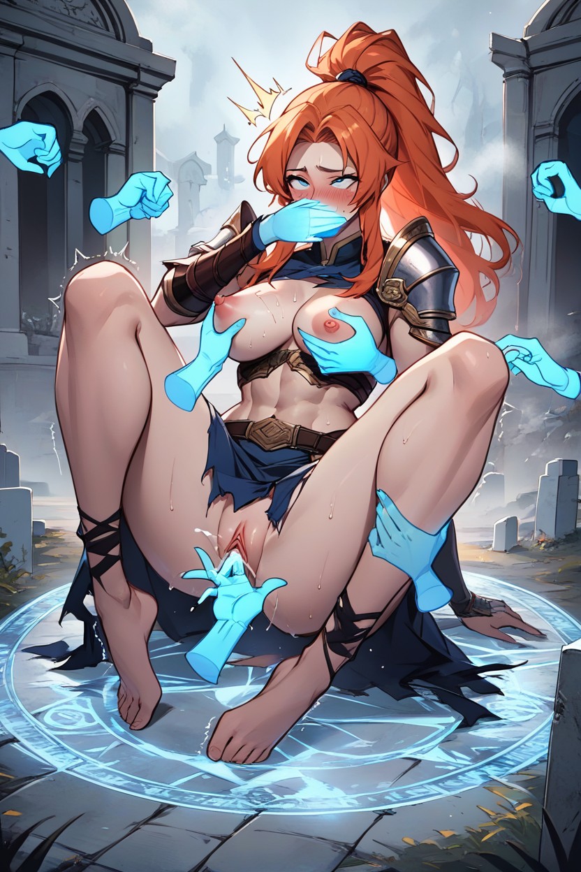 Hands Grabbing The Woman, Blue Skirt, Feathered Bangs Framing Her Face Hentai AI Porn