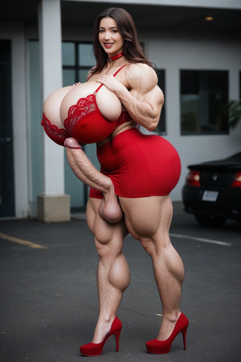 Red Sheer Stockings, Thick Leg Hair, Super Huge Muscles Shemale AI Porn