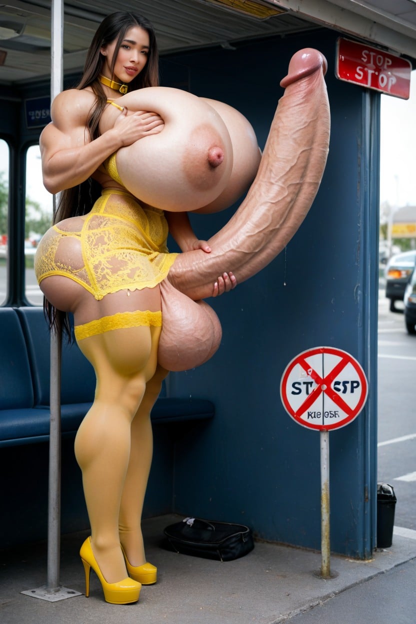 Bus Stop, Yellow Collar, Yellow Sheer Stockings Shemale AI Porn