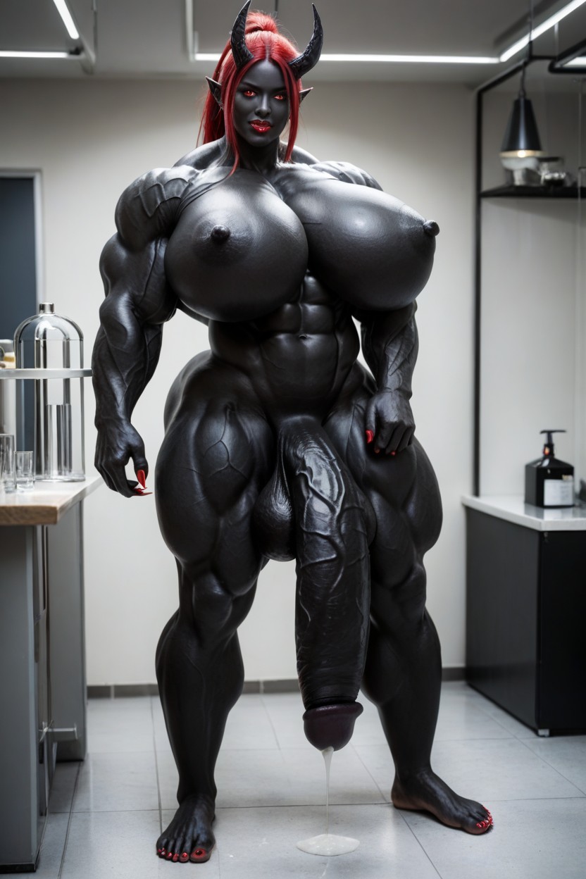 Black Barefoot, Hyper Black Balls, Red Hair Shemale AI Porn
